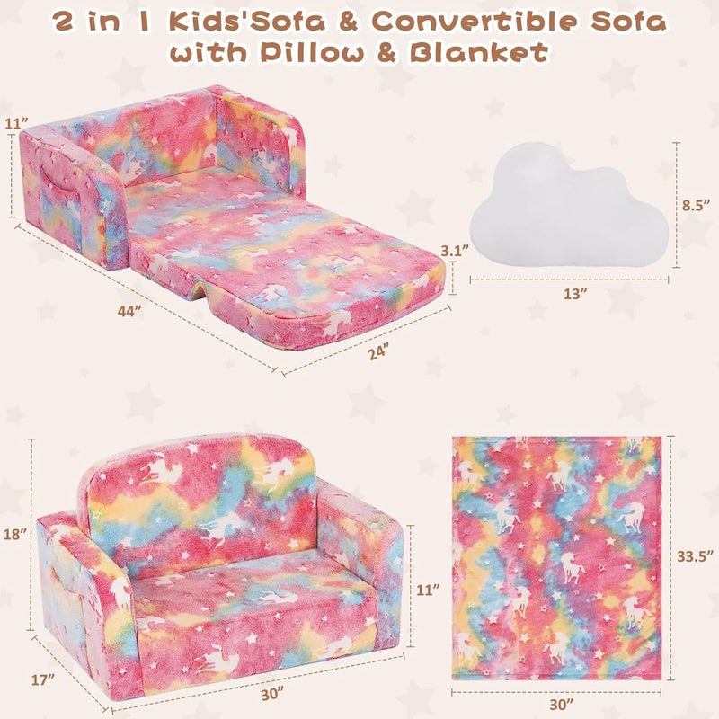 Foryoomi Extra Wide Kids Couch, Kids Sofa, Toddler Sofa, Glow in The Dark, 2-in-1 Soft Toddler Couch with Blanket and Pillow, Pink - Image 2